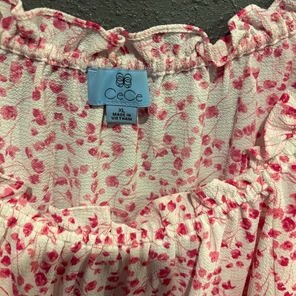 CeCe Pink and White Floral Ruffled Peasant Blouse - Picture 3 of 5